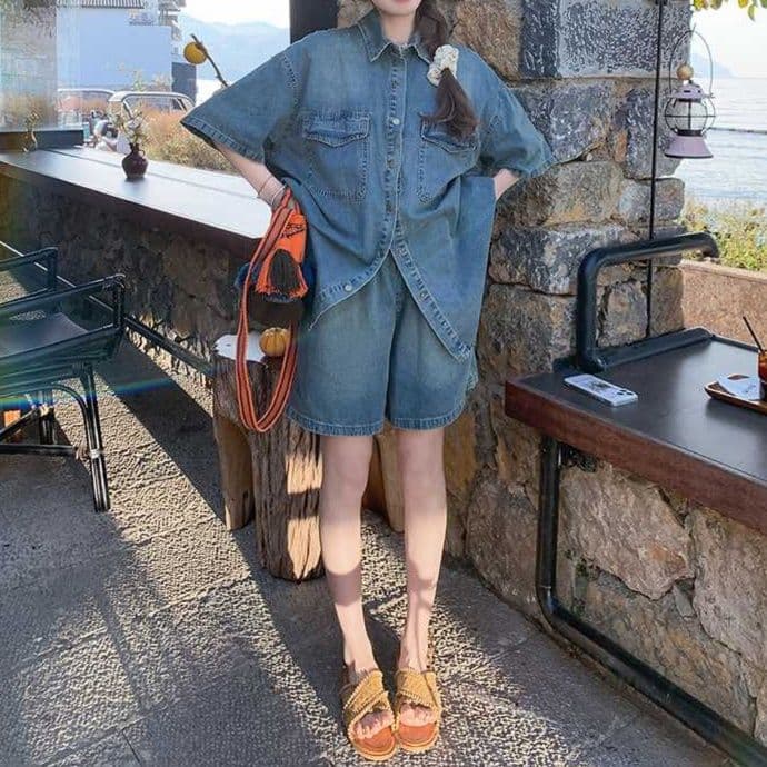 デニムセットアップ 香港風半袖シャツ&ショートパンツ ほの甘クールなゆったり2点セット