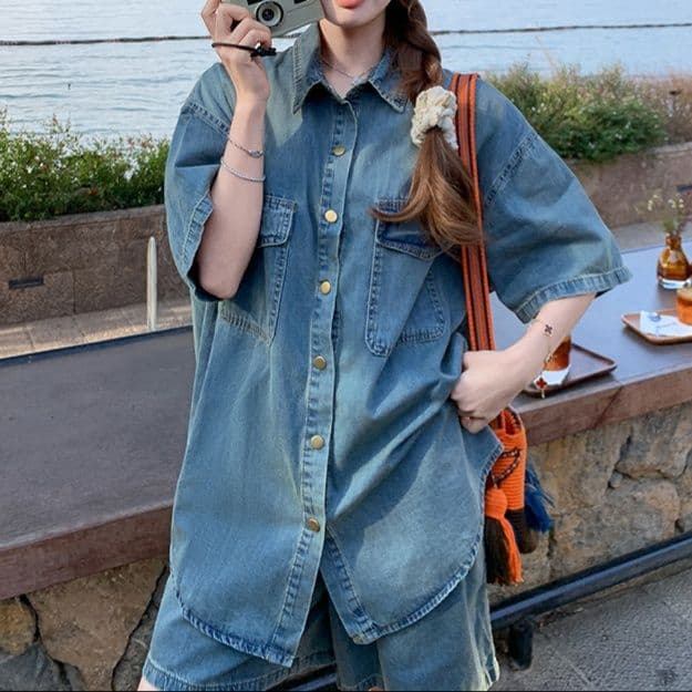 デニムセットアップ 香港風半袖シャツ&ショートパンツ ほの甘クールなゆったり2点セット