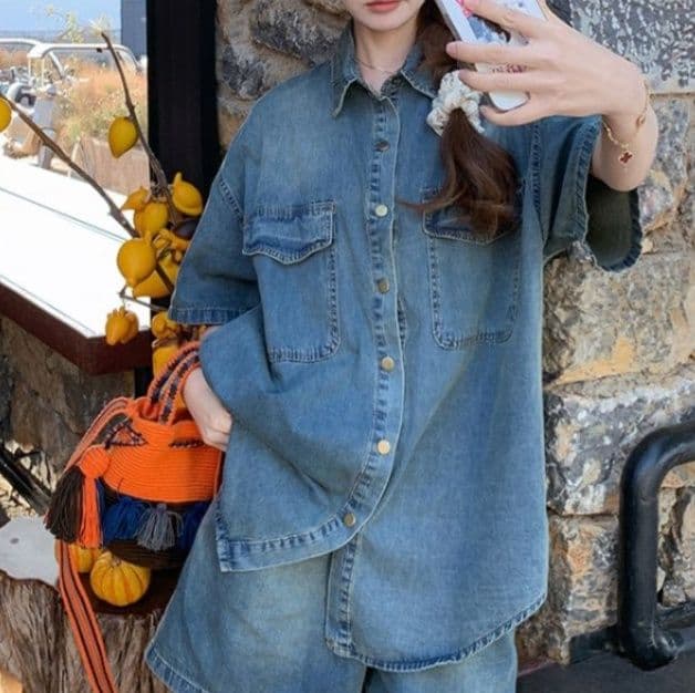 デニムセットアップ 香港風半袖シャツ&ショートパンツ ほの甘クールなゆったり2点セット
