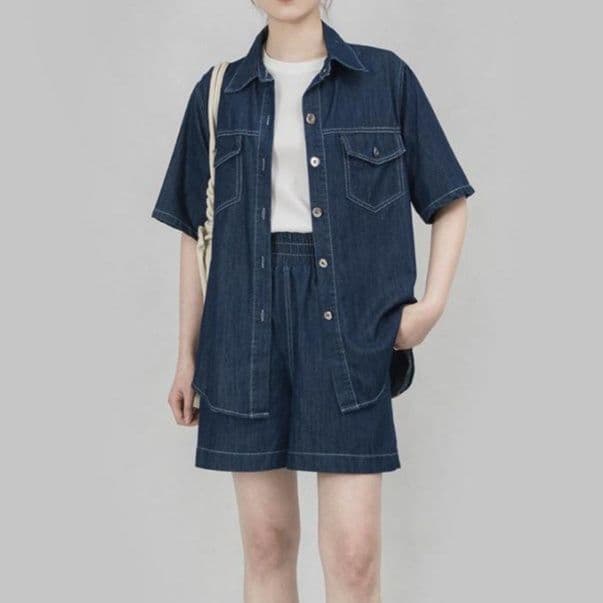 デニムセットアップ ゆったり半袖シャツ×ショートパンツ 夏向け きれいめカジュアル上下セット