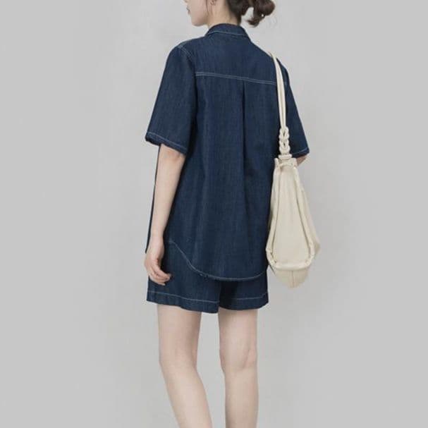 デニムセットアップ ゆったり半袖シャツ×ショートパンツ 夏向け きれいめカジュアル上下セット