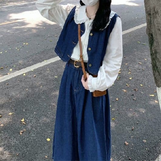 デニムセットアップ ショートベスト&白ブラウス&フレアスカート レトロフェミニン きれいめ3点セット