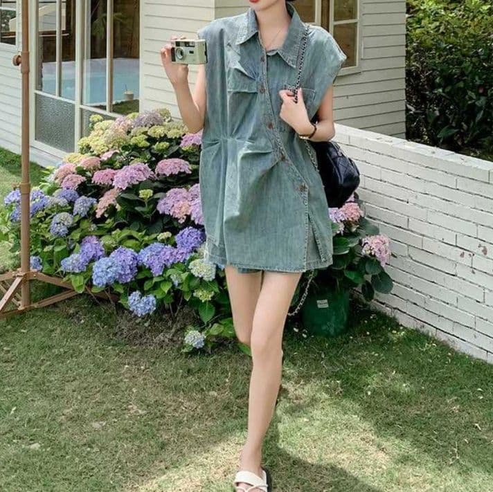 デニムセットアップ ノースリーブシャツ×ワイドショートパンツ レトロかわいい 夏のゆったりひとクセ上下セット