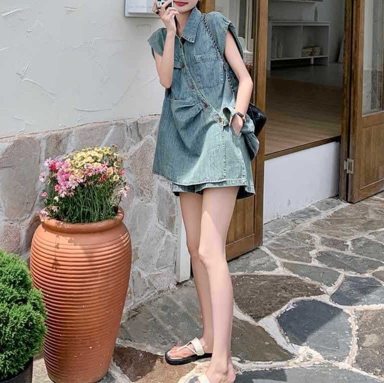 デニムセットアップ ノースリーブシャツ×ワイドショートパンツ レトロかわいい 夏のゆったりひとクセ上下セット