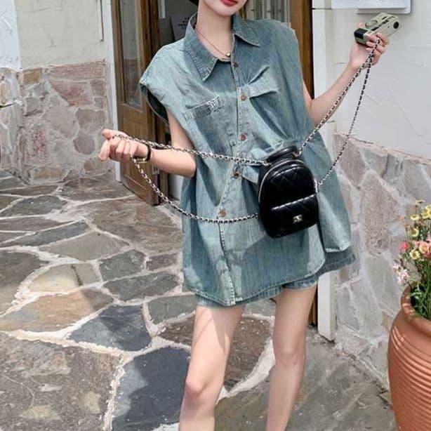デニムセットアップ ノースリーブシャツ×ワイドショートパンツ レトロかわいい 夏のゆったりひとクセ上下セット