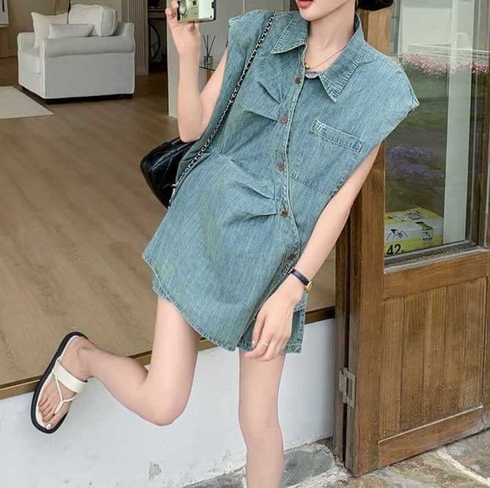 デニムセットアップ ノースリーブシャツ×ワイドショートパンツ レトロかわいい 夏のゆったりひとクセ上下セット