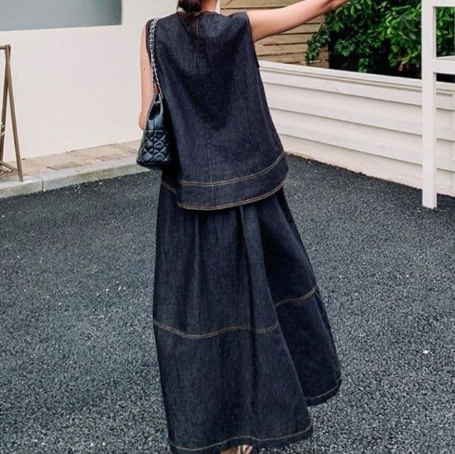ブラックデニムセットアップ ノースリーブトップス&フレアロングスカート 大人可愛い ゆったり細見え2点セット