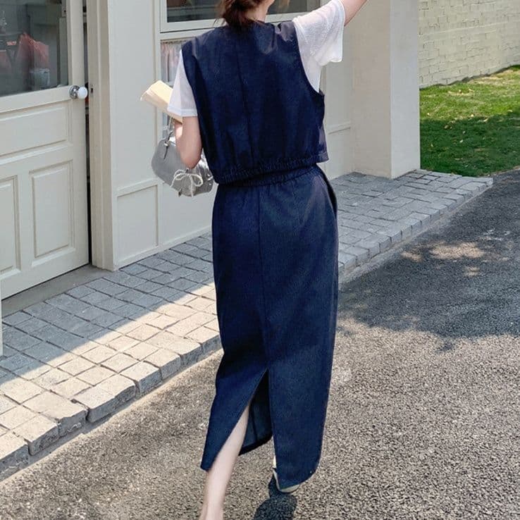 デニムセットアップ クラシカルベスト&Tシャツ&ミディスカート 大人カジュアル 塩系レトロ3点セット