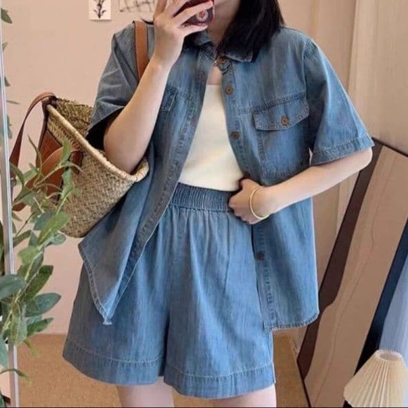 デニムセットアップ 韓国風半袖シャツ&ショートパンツ 塩系レトロ 夏向けゆったり2点セット