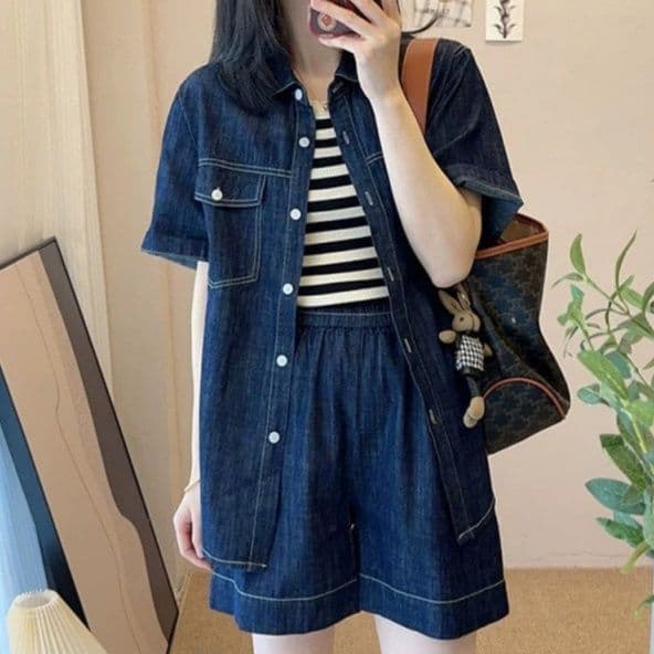 デニムセットアップ 韓国風半袖シャツ&ショートパンツ 塩系レトロ 夏向けゆったり2点セット
