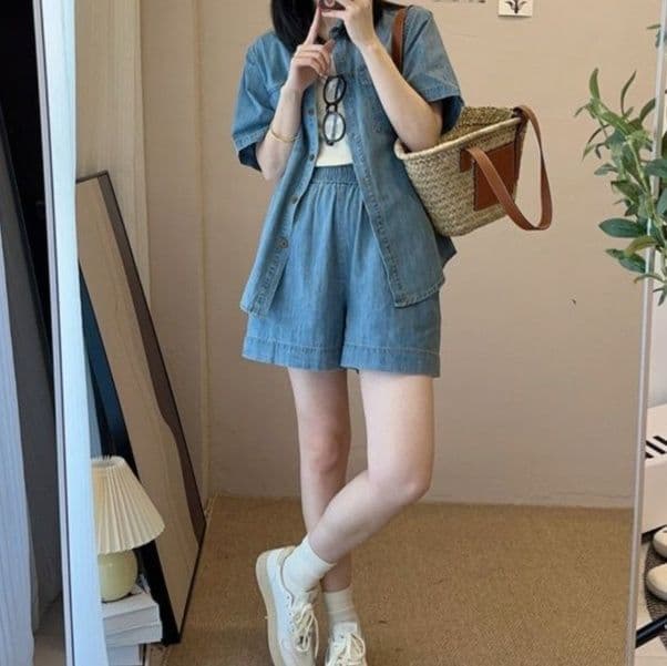 デニムセットアップ 韓国風半袖シャツ&ショートパンツ 塩系レトロ 夏向けゆったり2点セット
