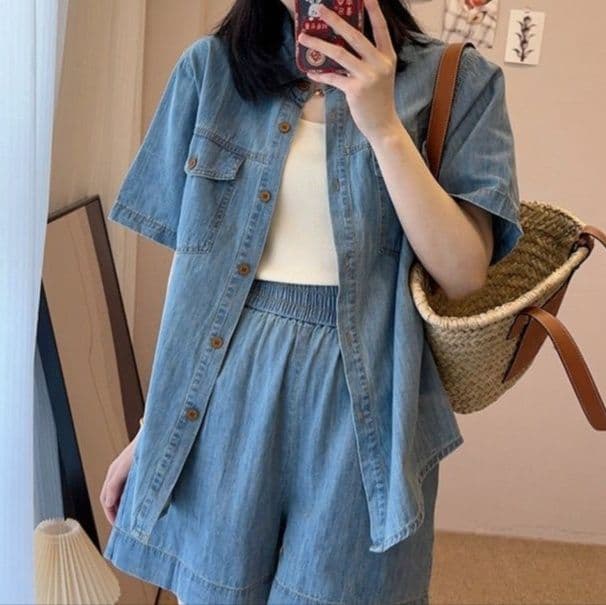 デニムセットアップ 韓国風半袖シャツ&ショートパンツ 塩系レトロ 夏向けゆったり2点セット