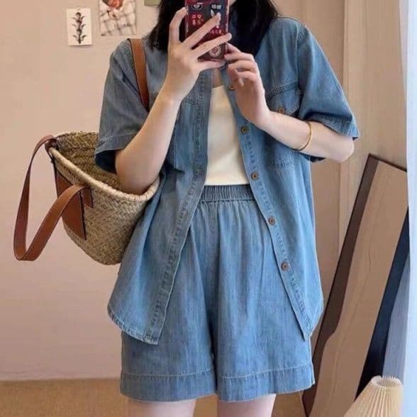 デニムセットアップ 韓国風半袖シャツ&ショートパンツ 塩系レトロ 夏向けゆったり2点セット