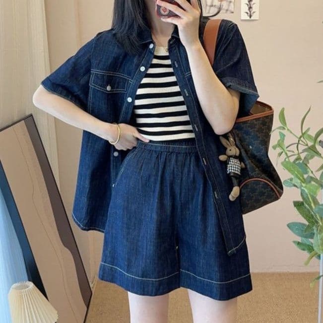 デニムセットアップ 韓国風半袖シャツ&ショートパンツ 塩系レトロ 夏向けゆったり2点セット