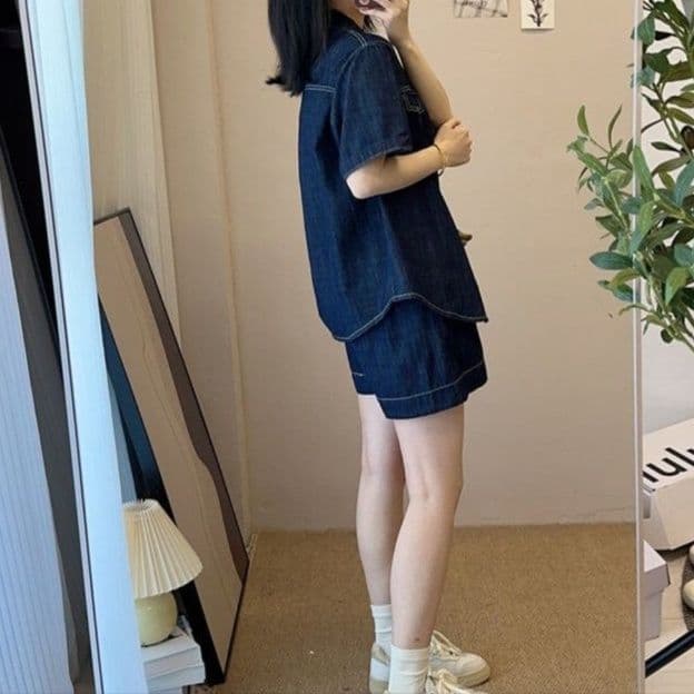 デニムセットアップ 韓国風半袖シャツ&ショートパンツ 塩系レトロ 夏向けゆったり2点セット