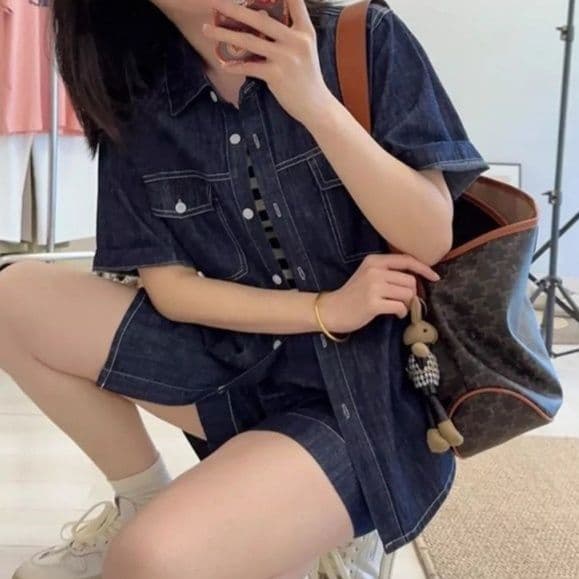 デニムセットアップ 韓国風半袖シャツ&ショートパンツ 塩系レトロ 夏向けゆったり2点セット
