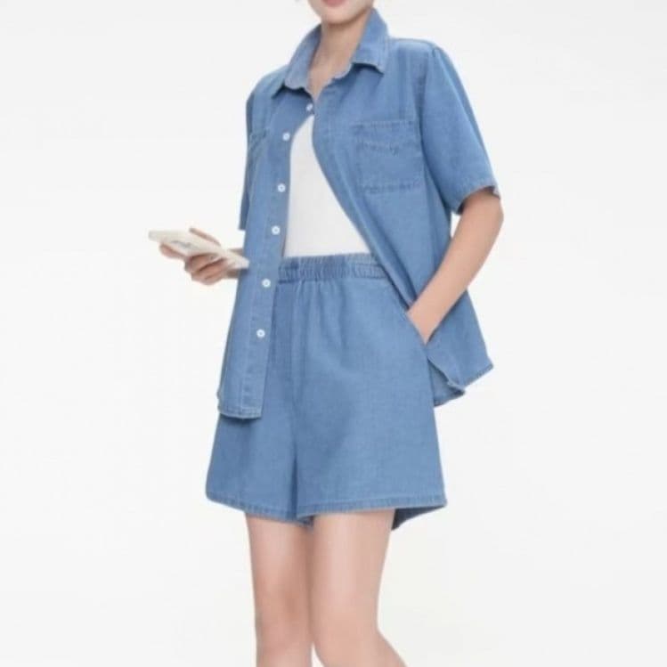 デニムセットアップ ゆったり半袖シャツ+ショートパンツ シンプル万能 夏のゆるかわ上下セット