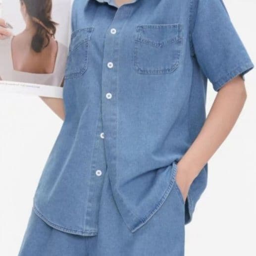 デニムセットアップ ゆったり半袖シャツ+ショートパンツ シンプル万能 夏のゆるかわ上下セット