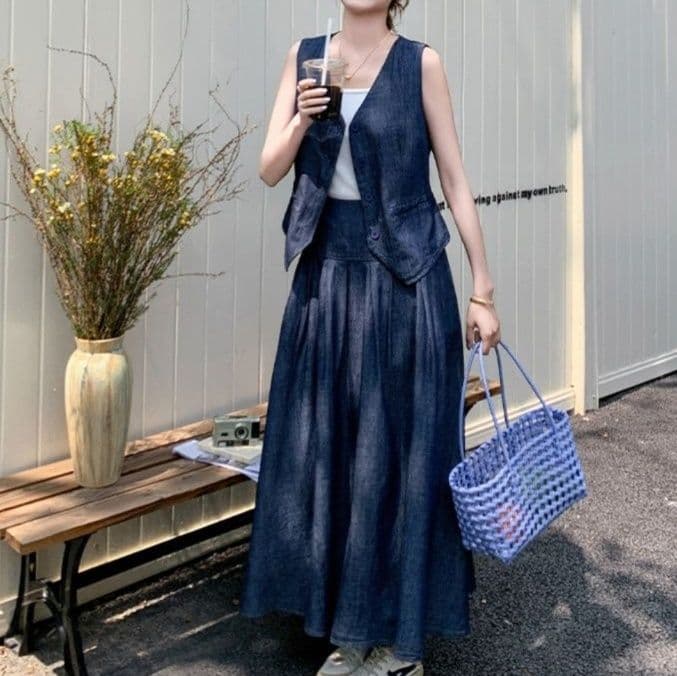 デニムセットアップ シンプルベスト&フレアマキシスカート きれいめ細見え ゆるフェミ2点セット
