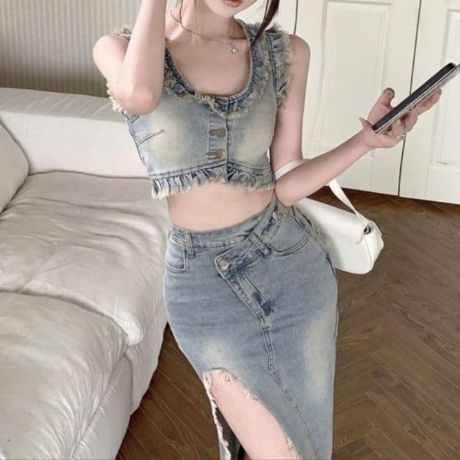 デニムセットアップ フリンジノースリーブショートトップス&深めスリットスカート 小柄さん向け 細見えY2K上下セット