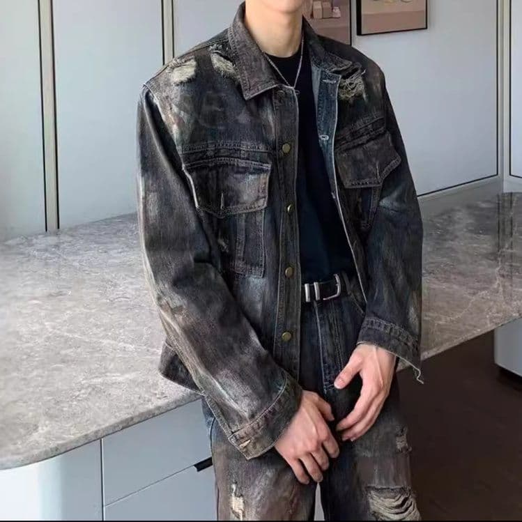 デニムセットアップ ペイント加工ジャケット+ワイドパンツ メンズ向け 古着風ルーズフィット2点セット