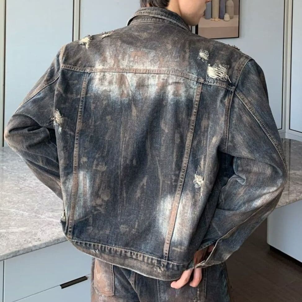デニムセットアップ ペイント加工ジャケット+ワイドパンツ メンズ向け 古着風ルーズフィット2点セット