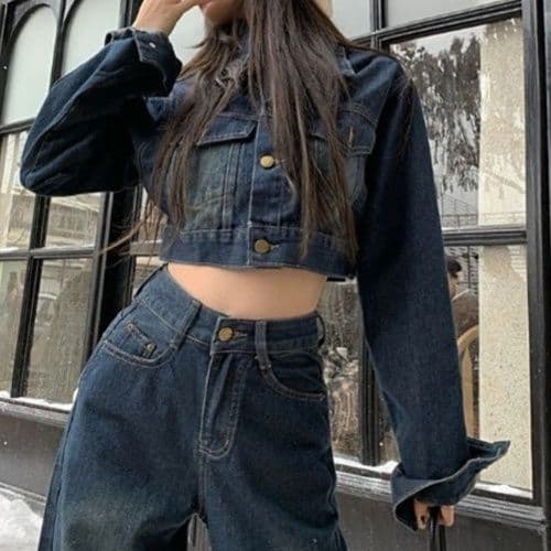 デニムセットアップ ヴィンテージ風ショートジャケット×ハイウエストワイドパンツ ゆるかわ脚長見え トレンド2点セット