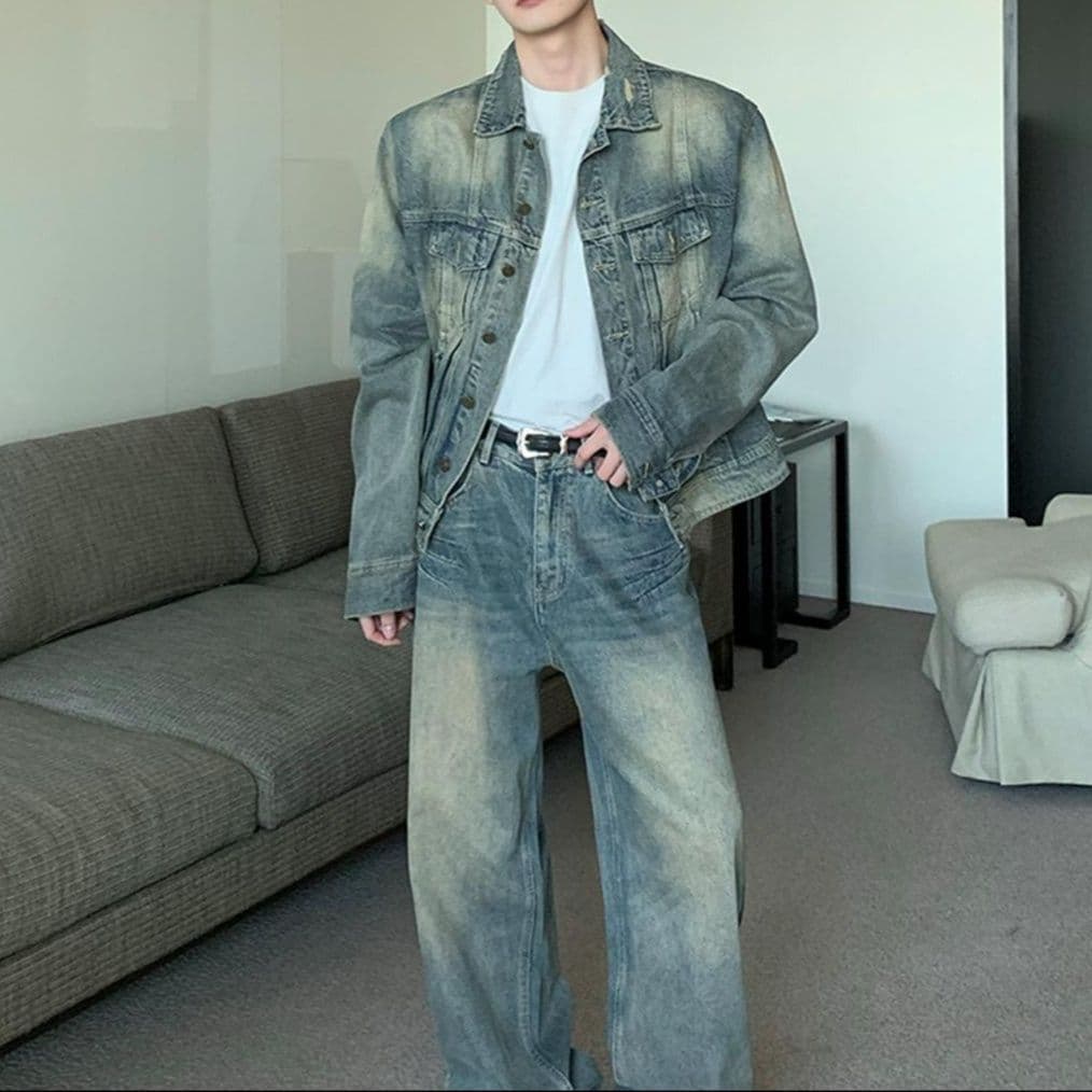 デニムセットアップ ウォッシュ加工ジャケット×ワイドストレートパンツ メンズ向け ヴィンテージ風ルーズフィットセット
