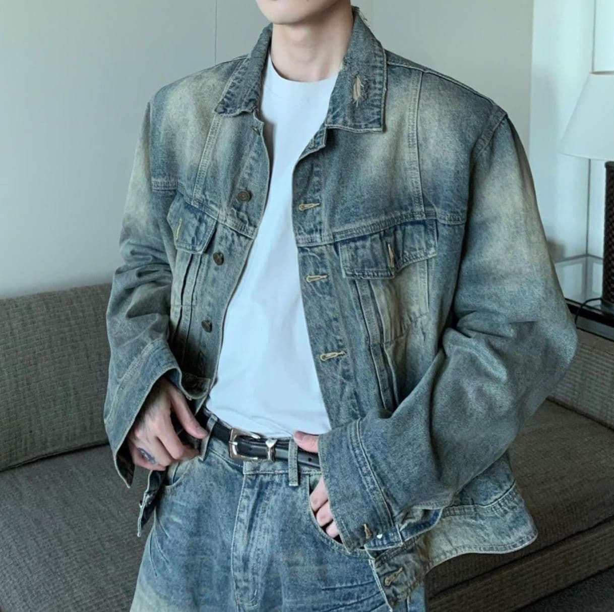 デニムセットアップ ウォッシュ加工ジャケット×ワイドストレートパンツ メンズ向け ヴィンテージ風ルーズフィットセット