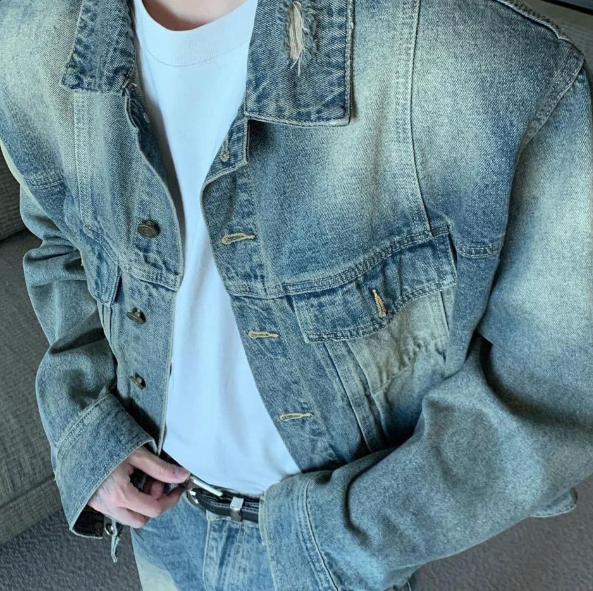 デニムセットアップ ウォッシュ加工ジャケット×ワイドストレートパンツ メンズ向け ヴィンテージ風ルーズフィットセット