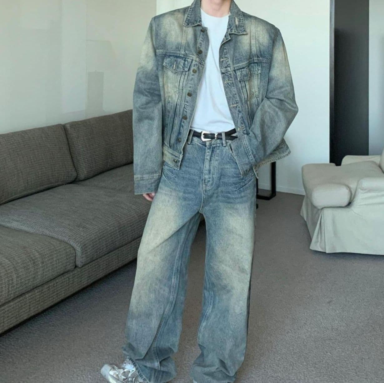 デニムセットアップ ウォッシュ加工ジャケット×ワイドストレートパンツ メンズ向け ヴィンテージ風ルーズフィットセット