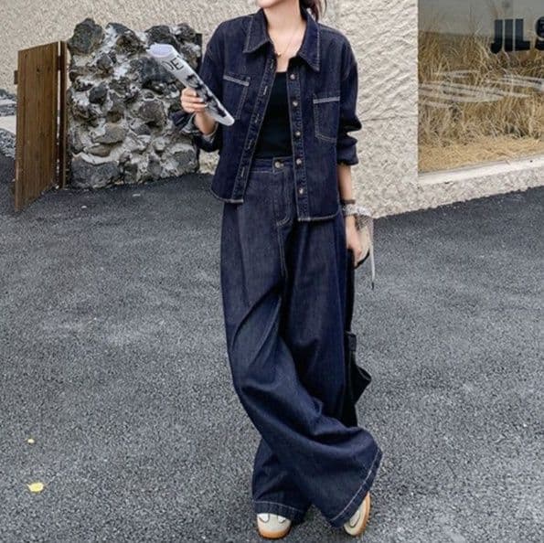 デニムセットアップ シンプルシャツジャケット&ワイドロングパンツ ゆる可愛い 大人カジュアル濃紺2点セット