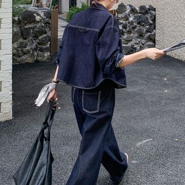 デニムセットアップ シンプルシャツジャケット&ワイドロングパンツ ゆる可愛い 大人カジュアル濃紺2点セット