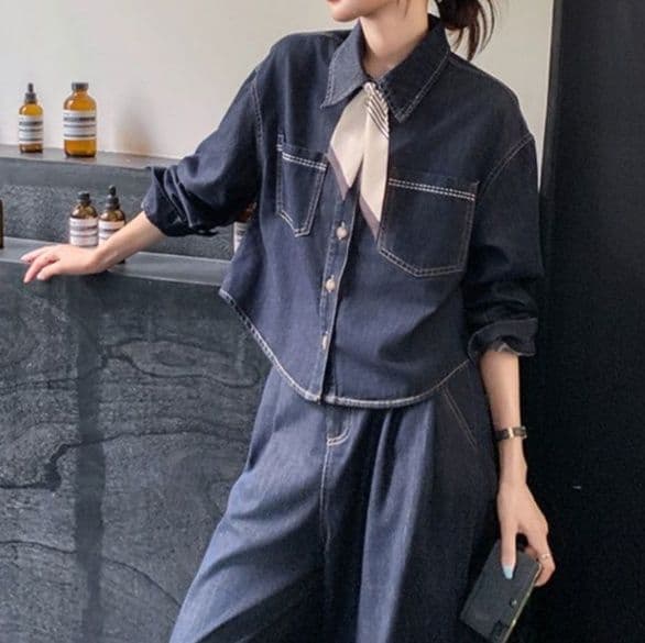 デニムセットアップ シンプルシャツジャケット&ワイドロングパンツ ゆる可愛い 大人カジュアル濃紺2点セット