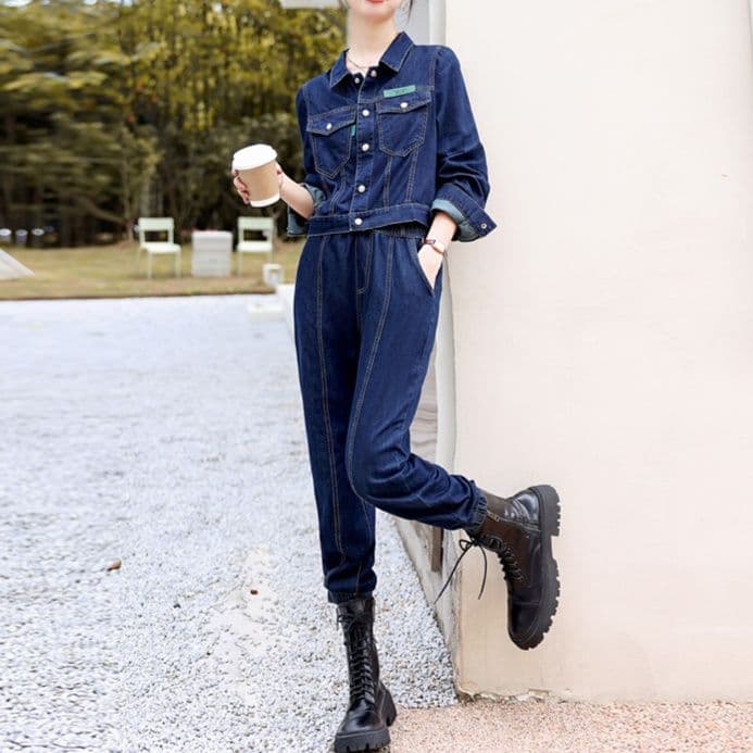 デニムセットアップ ステッチショートジャケット×ジョガー風パンツ 細見えワークテイスト 大人カジュアルコーデセット
