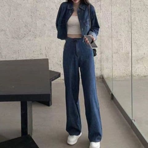 デニムセットアップ クラシカルコンパクトジャケット&ハイウエストワイドパンツ 華奢見え大人カジュアルコーデセット