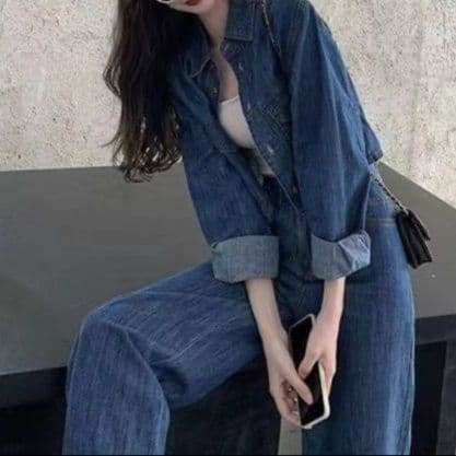 デニムセットアップ クラシカルコンパクトジャケット&ハイウエストワイドパンツ 華奢見え大人カジュアルコーデセット