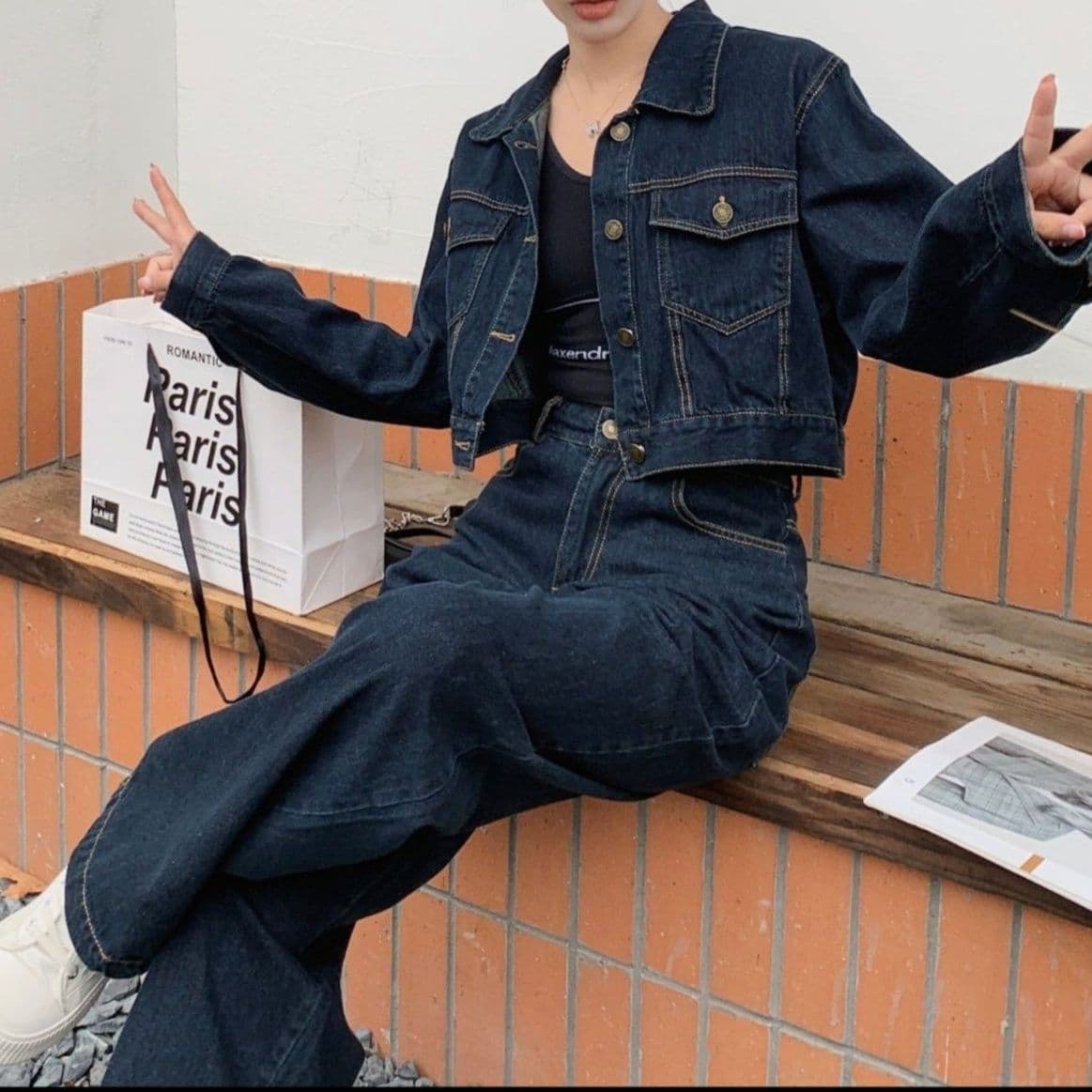ダークデニムセットアップ ゆったりショートジャケット&ワイドパンツ 細見え韓国風 塩系カジュアル2点セット
