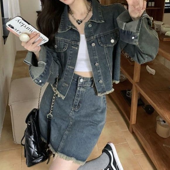 デニムセットアップ カットオフショートジャケット×Aラインミニスカート 大人可愛い ヴィンテージカジュアル2点セット