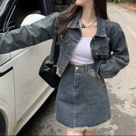 デニムセットアップ カットオフショートジャケット×Aラインミニスカート 大人可愛い ヴィンテージカジュアル2点セット