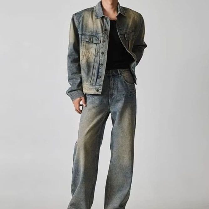 ウォッシュ加工デニムジャケット×ストレートパンツ メンズ向け ヴィンテージ風ハイストリートセットアップ