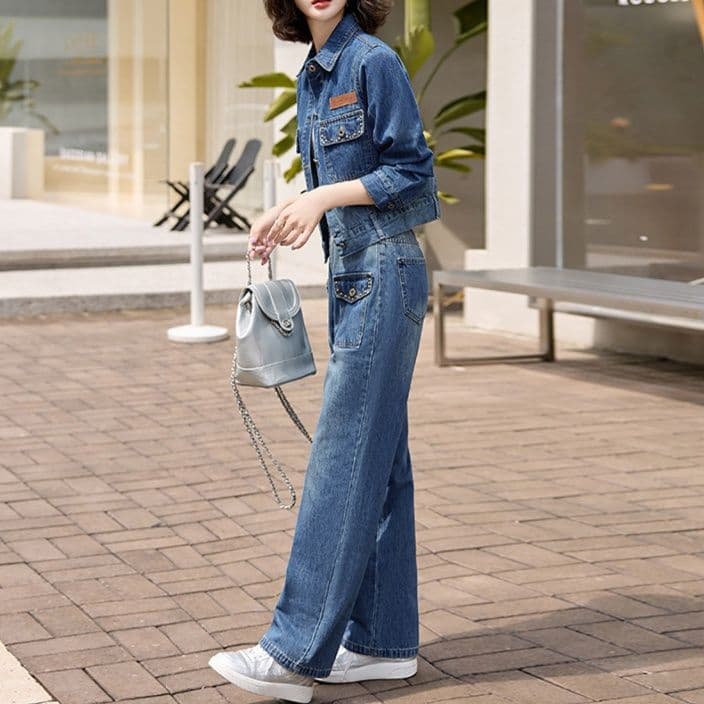 デニムセットアップ 色落ち加工コンパクトジャケット&ストレートパンツ 着回し抜群 細見え大人カジュアル2点セット