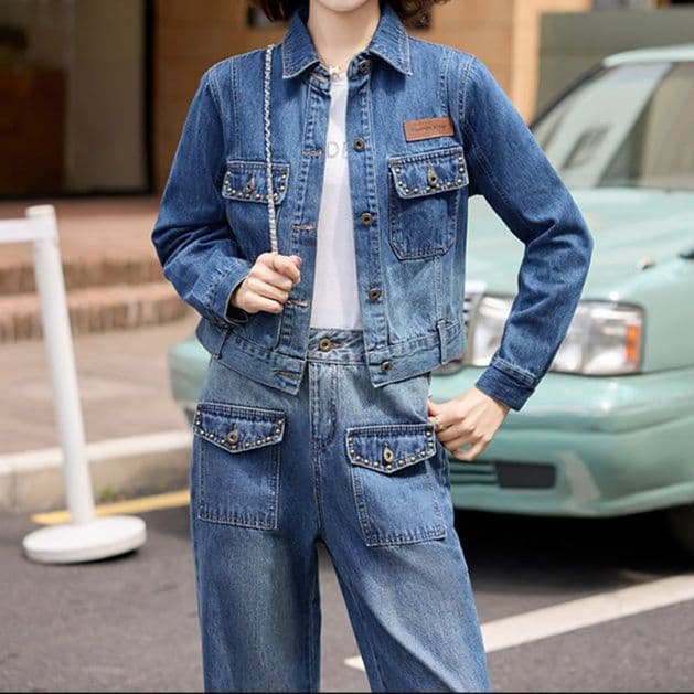 デニムセットアップ 色落ち加工コンパクトジャケット&ストレートパンツ 着回し抜群 細見え大人カジュアル2点セット