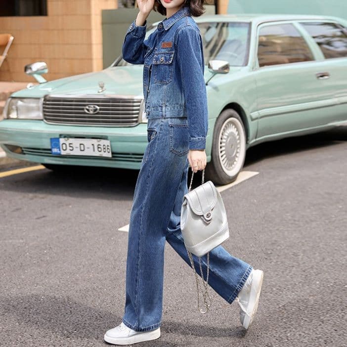 デニムセットアップ 色落ち加工コンパクトジャケット&ストレートパンツ 着回し抜群 細見え大人カジュアル2点セット