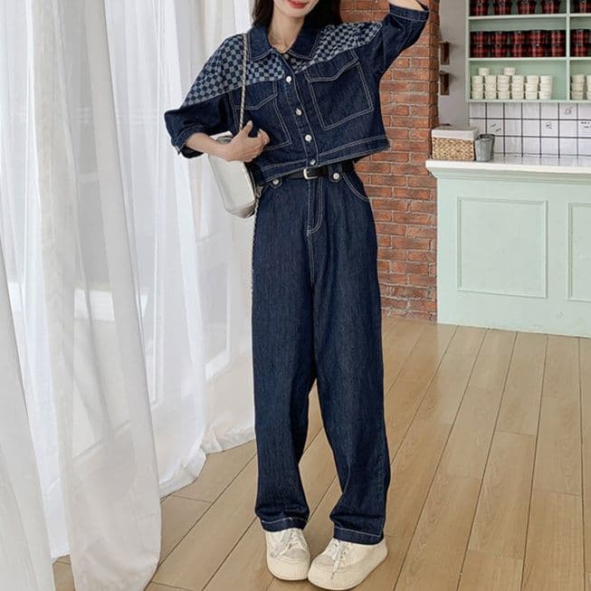 ダークデニムセットアップ チェック切替ジャケット&ストレートパンツ ゆる可愛い アメカジ上下セット