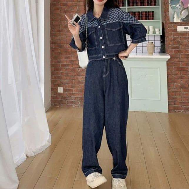ダークデニムセットアップ チェック切替ジャケット&ストレートパンツ ゆる可愛い アメカジ上下セット