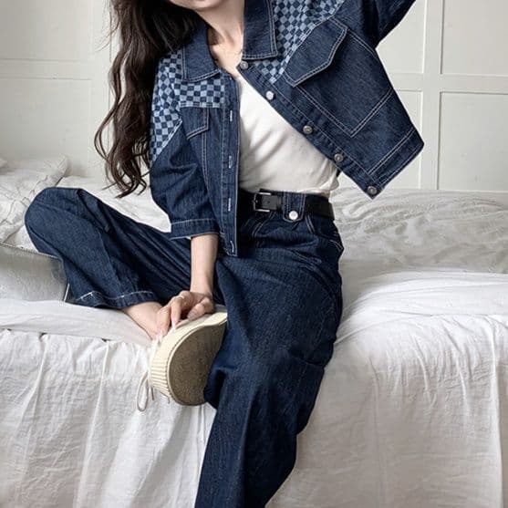 ダークデニムセットアップ チェック切替ジャケット&ストレートパンツ ゆる可愛い アメカジ上下セット