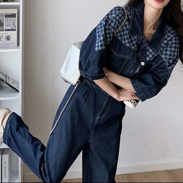 ダークデニムセットアップ チェック切替ジャケット&ストレートパンツ ゆる可愛い アメカジ上下セット