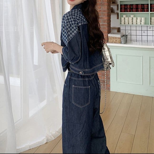 ダークデニムセットアップ チェック切替ジャケット&ストレートパンツ ゆる可愛い アメカジ上下セット
