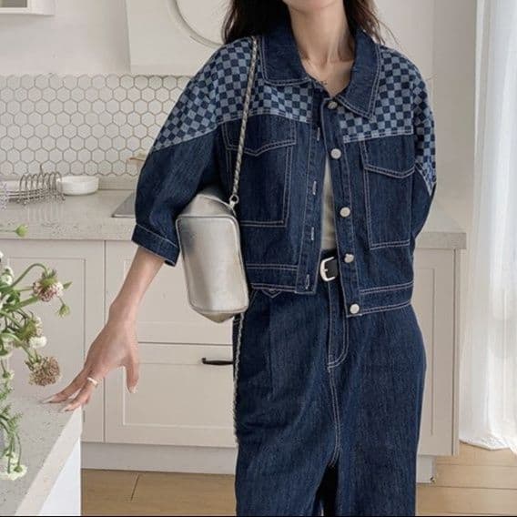 ダークデニムセットアップ チェック切替ジャケット&ストレートパンツ ゆる可愛い アメカジ上下セット